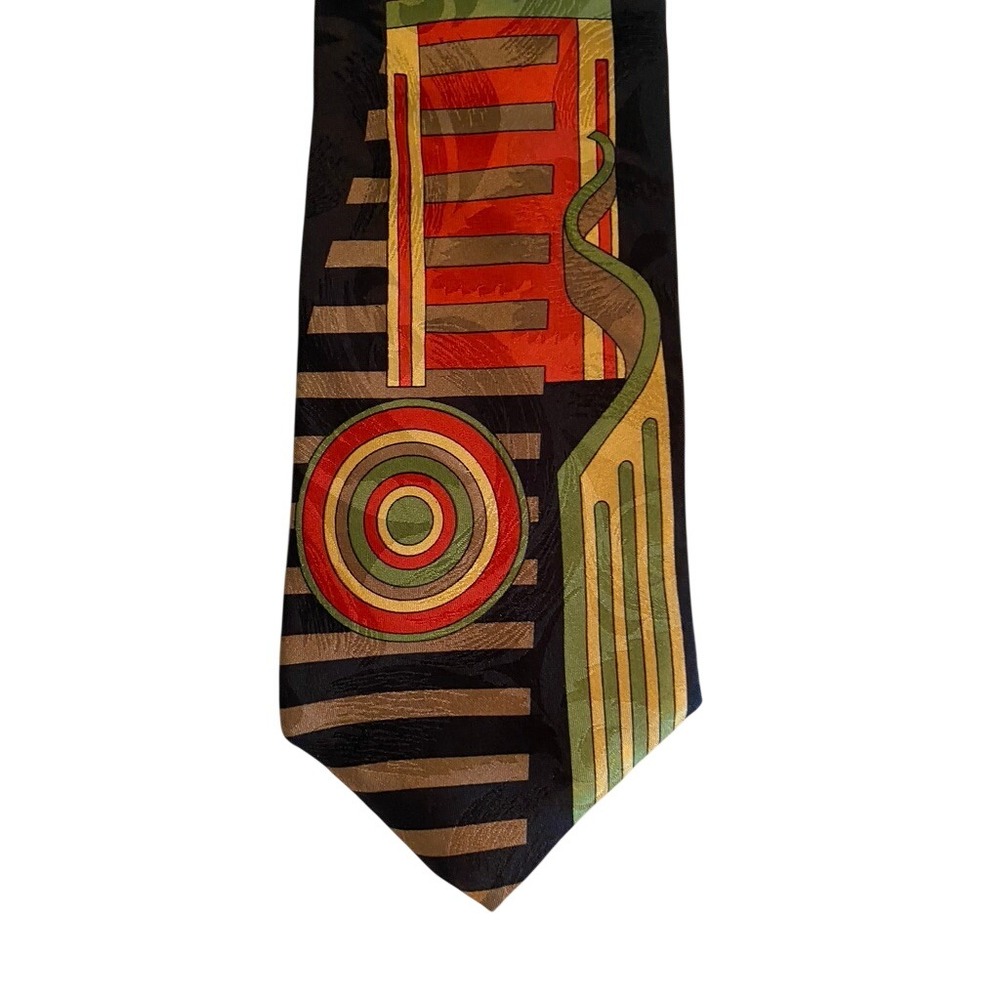 Paul Rodon Couture Mens Silk Tie Geometric Abstract Circles Red Green Black 4"